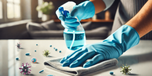 A woman in gloves is cleaning a kitchen countertop with a cloth, while graphic illustrations of colorful germs are visible on the counter, emphasizing the importance of "Cleaning for Health."